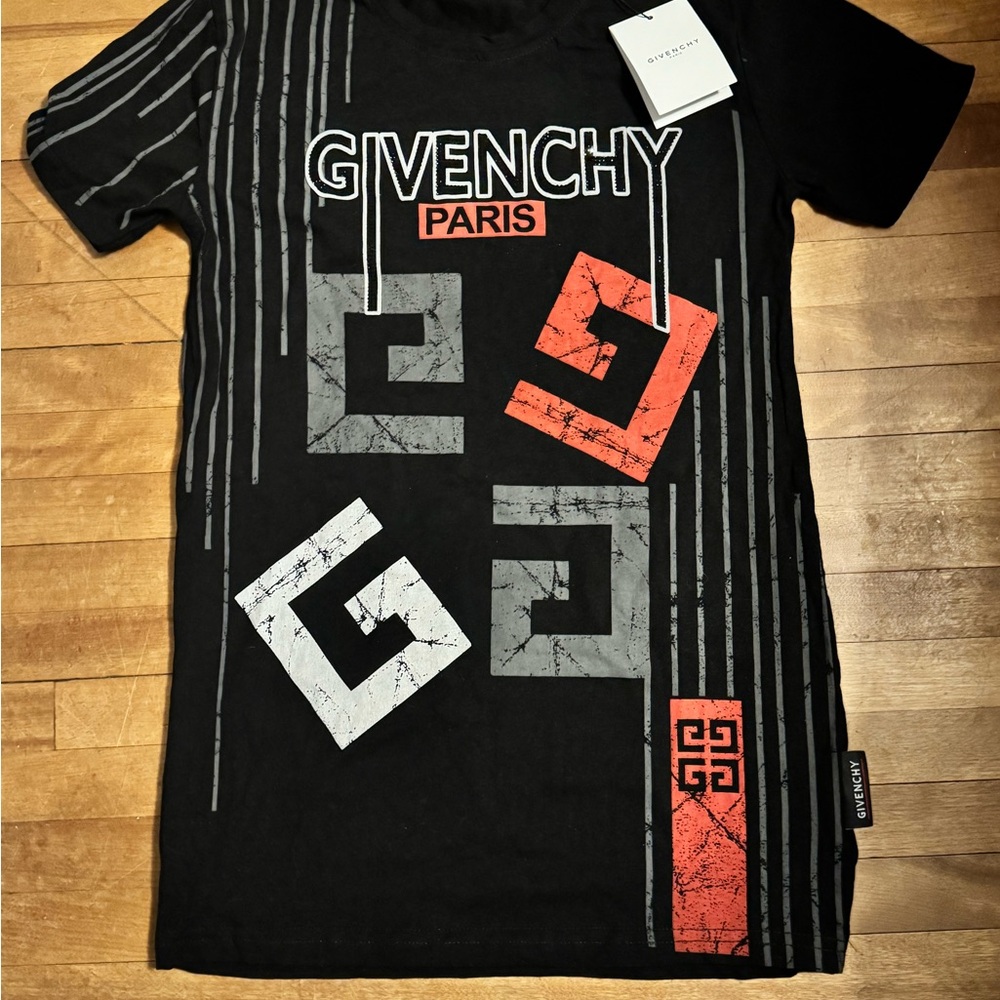Givenchy Black Tee with Red and Gray Geometric Design